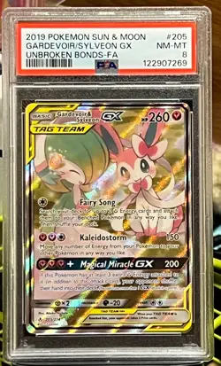 Pokemon TCG 2019 SM Unbroken Bonds Gardevoir & Sylveon GX 205/214 PSA 8 - Image 1