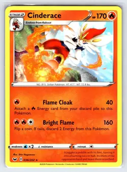 Cinderace 036/202 2020 Sword & Shield Base Set Pokemon Card Non Holo Rare Nm - Image 1