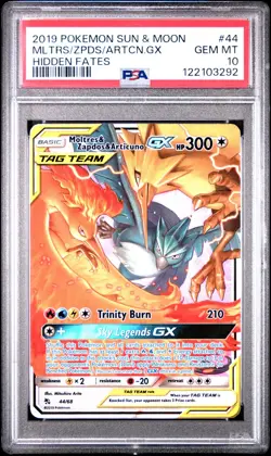 2019 POKEMON SUN & MOON HIDDEN FATES #44 MOLTRES & ZAPDOS & ARTICUNO GX PSA 10 - Image 1