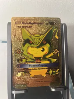 Pokemon Card Tag Cosplay Pikachu Mega Rayquaza 780HP Gold Foil Fan Art - Image 1