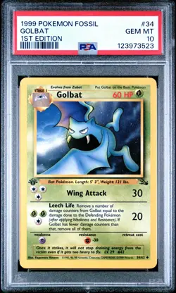 1999 POKEMON FOSSIL 1ST ED #34 GOLBAT PSA 10 - Image 1