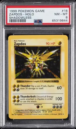 1999 POKEMON GAME SHADOWLESS #16 ZAPDOS-HOLO PSA 8 - Image 1