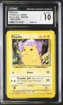 CGC 10 GEM MINT Pikachu 2000 Base Set 58/102 1999-2000 Pokemon Card - Image 1