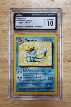 Pokemon CGC 10 GEM MINT 1999 Vaporeon 28/64 Jungle Rare Card - Image 1