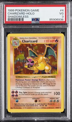 1999 POKEMON BASE SET SHADOWLESS #4 CHARIZARD-HOLO PSA 3 - Image 1