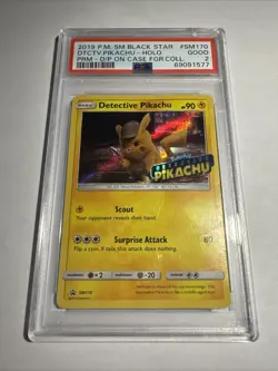 2019 POKEMON SM BLACK STAR PROMO #SM170 DTCTV.PIKACHU-HOLO PRMO ON CASE PSA 2 - Image 1