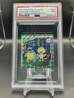 1999 Squirtle & Meowth Pokemon Sticker #PR08 Series 1 Bonus Prism Rare PSA 9 - Image 1