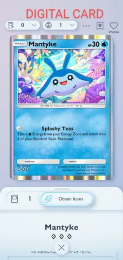 Mantyke Pokemon Pocket Mobile Game Card Secluded Springs Set ??? Rare Trade Card - Image 1
