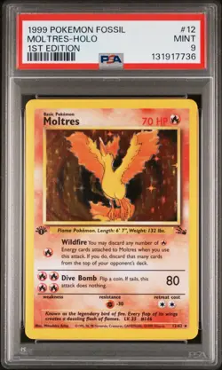 Moltres 1st Edition Fossil Holo Foil Rare PSA 9 Pokemon card #12 Vintage - Image 1