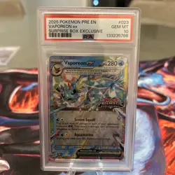 2025 POKEMON PRE SURPRISE BOX EXCLUSIVE #023 VAPOREON EX PSA 10 - Image 1