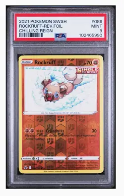 PSA 9 2021 POKEMON SWORD & SHIELD CHILLING REIGN #086 ROCKRUFF-REV.FOIL - Image 1