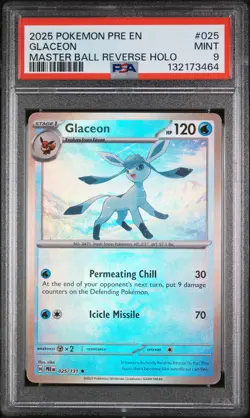2025 POKEMON PRE EN-PRISMATIC EVOLUTIONS MASTER BALL REVERSE HOLO GLACEON PSA 9 - Image 1