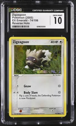 CGC 10 GEM MINT Zigzagoon EX Emerald 74/106 Reverse Holo Stamped Pokemon Card - Image 1
