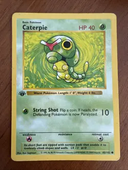 1999 Pokemon TCG Caterpie 45/102 HP/DMG 1st Edition Base Set Shadowless WOTC - Image 1