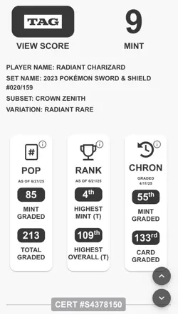 TAG 9 Radiant Charizard #020/159 Pokemon Crown Zenith Holo Radiant Rare Mint - Image 3