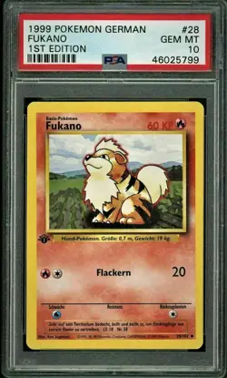 PSA 10 GEM MT 1999 Pokemon Base Set German Growlithe - "Fukano" - #28 - Image 1