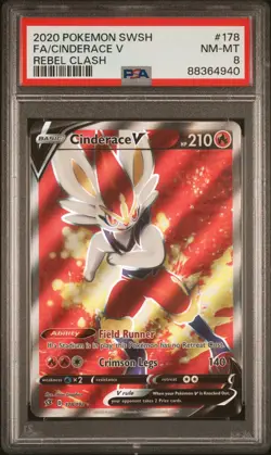 PSA 8 NM-MT Cinderace V Full Art 178/192 SWSH Rebel Clash Holo Rare Pokemon Card - Image 1