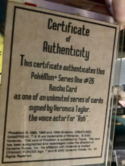 Veronica Ash Tayor 1995 cert authenticity pokemon 26 Raichu card - Image 2