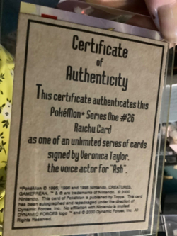 Veronica Ash Tayor 1995 cert authenticity pokemon 26 Raichu card - Image 3