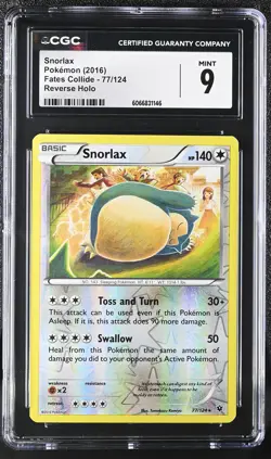 CGC 9 MINT Snorlax 2016 Fates Collide 77/124 Reverse Holo Pokemon Card - Image 1