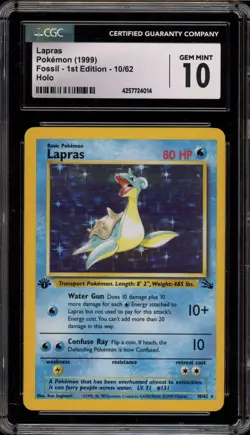 Pokemon Lapras Fossil 1st Edition Holo Rare #10 CGC 10 Gem Mint - Image 1
