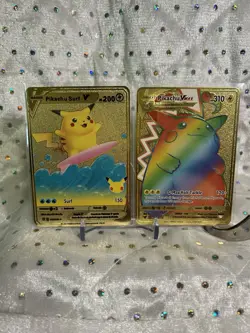 2× Metal Pokemon Cards - Pikachu VMAX & Surfing Pikachu V Gold Collectible - Image 1