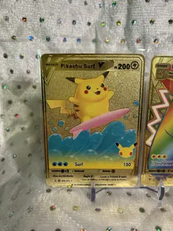 2× Metal Pokemon Cards - Pikachu VMAX & Surfing Pikachu V Gold Collectible - Image 2