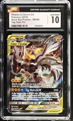 Pokemon CGC 10 Pikachu & Zekrom GX SM168 Full Art Promo Tag Team Tin Gem Mint - Image 1