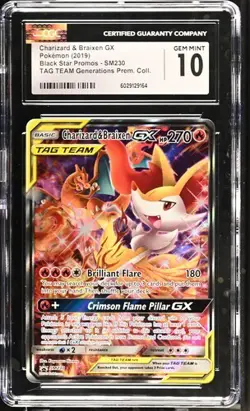 Pokemon CGC 10 Charizard & Braixen GX SM230 Full Art Tag Team Gem Mint - Image 1
