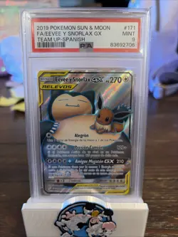 2019 Pokemon Sun And Moon Eevee Snorlax GX Team Up Spanish Full Art PSA 9 - Image 1