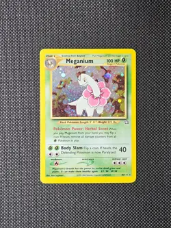 Pokemon TCG Meganium 10/111 Neo Genesis Base Holo Swirl Rare Vintage Card - Image 1
