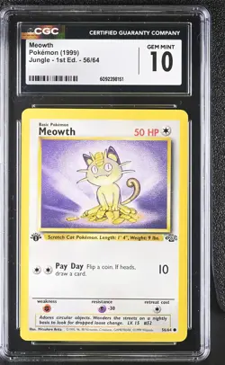 CGC 10 GEM MINT Meowth 1999 Jungle 1st Edition 56/64 Pokemon Card - Image 1