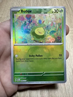 Budew Prismatic Evolutions Master Ball Reverse Holo Pokemon TCG Card 004/131 - Image 1