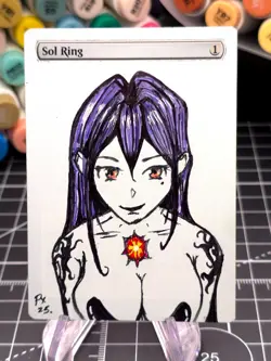SOL RING - MTG *Altered Hand Painted Original Art Anime - Purple Hair Waifu - Image 1