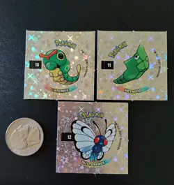 Pokemon 2001 Caterpie, Metapod, Butterfree Foil Stickers Tazo Slammer Vintage - Image 2