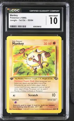 CGC 10 GEM MINT Mankey 1999 Jungle 1st Edition 55/64 Pokemon Card - Image 1