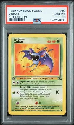 PSA 10 GEM MINT 1999 POKEMON FOSSIL 57 ZUBAT 1ST EDITION ENGLISH - Image 1