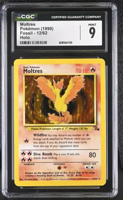 CGC 9 MINT Moltres 1999 Fossil 12/62 Holo Pokemon Card - Image 1