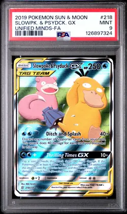 2019 POKEMON SUN & MOON UNIFIED MINDS #218 FULL ART/SLOWPOKE & PSYDUCK GX PSA 9 - Image 1
