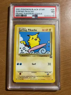 2001 POKEMON PROMO BLACK STAR #28 SURFING PIKACHU PROMO-POKEMON LEAGUE PSA 7 - Image 1