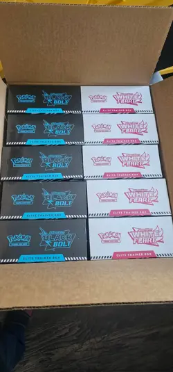 Pokemon Black Bolt & White Flare ETB Split Case Bundle x5 WF and X5 BB IN-HAND - Image 1