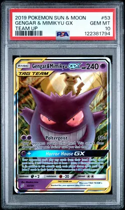 2019 POKEMON SUN & MOON TEAM UP #53 GENGAR & MIMIKYU GX PSA 10 - Image 1