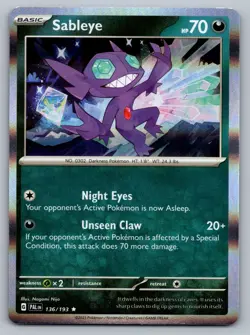 Pokemon TCG SV02: Paldea Evolved Sableye 136/193 Holo Rare - Image 1