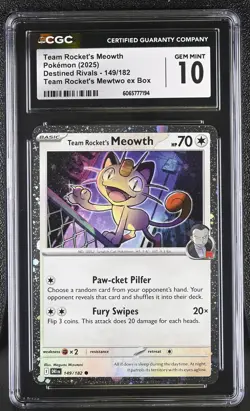 CGC 10 Team Rocket's Meowth 149/182 Holo Promo Destined Rivals Pokemon Card - Image 1