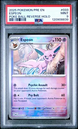 2025 POKEMON PRE EN-PRISMATIC EVOLUTIONS POKE BALL REVERSE HOLO ESPEON PSA 9 - Image 1