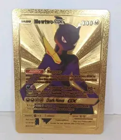 Pokemon Mewtwo GX Gold Metal Fan Art Collector Card - 300 HP - 9/100 Excellent - Image 1