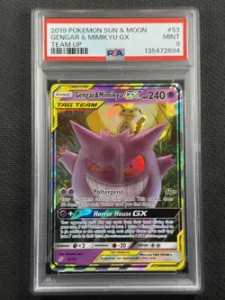 Pokemon Cards PSA 9 Mint Gengar & Mimikyu Gx Team Up Tag Team S&M 2019 53/181 - Image 1