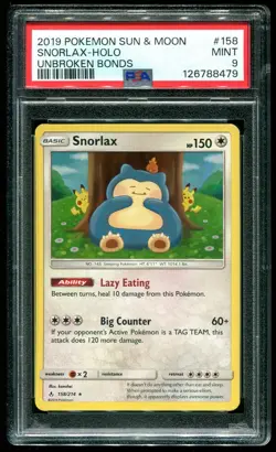 PSA 9 Snorlax Holo Rare Unbroken Bonds 2019 Pokemon Card #158 - Image 1