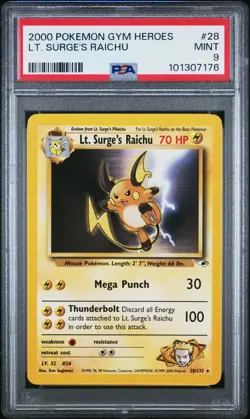 2000 Pokemon Gym Heroes Lt. Surge's Raichu 28/132 PSA 9 - Image 1