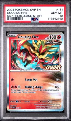 Pokemon SVP EN Surging Sparks Gouging Fire #151 Prerelease STAFF PSA 10 POP 50 - Image 1